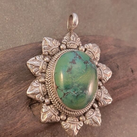 Vintage Royston Sterling Blue Green Brown Turquoise Flourish Bezel Pendant - Picture 6 of 13